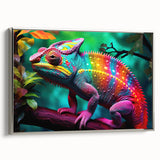 Framed wall art featuring a vibrant chameleon design in vivid greens and blues, set against a sleek silver frame, perfect for reptile enthusiasts and modern decor.