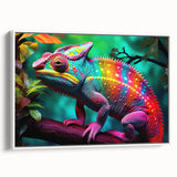 Framed wall art featuring a vibrant chameleon design on canvas, showcasing vivid colors and intricate details, perfect for reptile enthusiasts and modern decor.