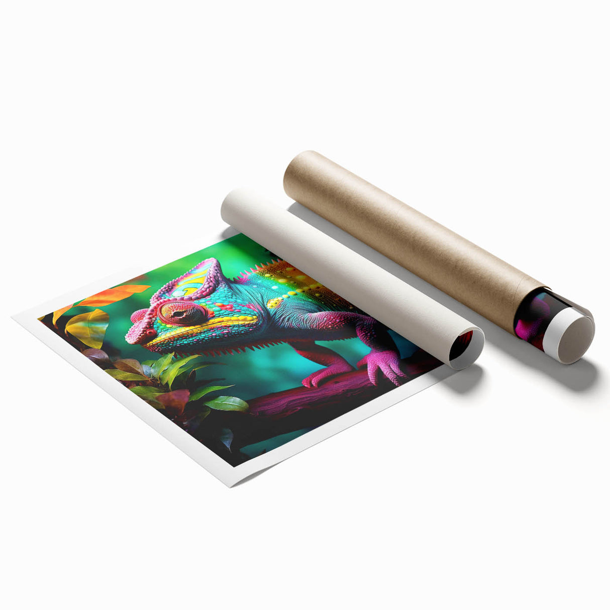 Vibrant chameleon design wall art print showcasing intricate details and bright colors, rolled for easy display, ideal for reptile enthusiasts and home decor.