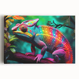 Vibrant chameleon wall art on stretched canvas, showcasing intricate details and vivid colors, perfect for reptile enthusiasts and modern home decor.