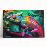 Colorful chameleon wall art design on stretched canvas, showcasing vibrant greens and blues, perfect for reptile enthusiasts and modern decor.
