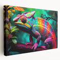 Stretched canvas wall art featuring a vibrant chameleon design in rich greens and blues, showcasing intricate details and a side view perspective, perfect for reptile enthusiasts and home decor.