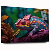 Vibrant acrylic glass wall art showcasing a striking chameleon design, featuring vivid colors and intricate details, perfect for reptile enthusiasts and modern decor.