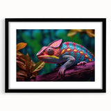 Framed chameleon wall art design showcasing vibrant colors and intricate details, set in a sleek black frame with a mat, ideal for reptile enthusiasts' decor.