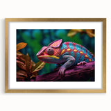 Charming chameleon wall art design in a gold-framed mat, showcasing vibrant colors and intricate details, perfect for reptile lovers and home decor enthusiasts.