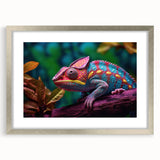 Framed wall art featuring a vibrant chameleon design in a silver frame with a mat, showcasing intricate details and bold colors, ideal for reptile lovers' decor.