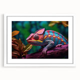 Charming wall art featuring a vibrant chameleon design in a white frame with a mat, perfect for enhancing modern decor in living spaces or offices.