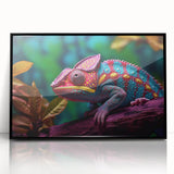 Framed acrylic wall art featuring a vibrant chameleon design, showcasing intricate colors against a black backdrop, ideal for reptile enthusiasts and modern decor.