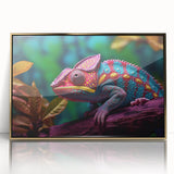 Framed acrylic wall art showcasing a vibrant chameleon design with gold accents, perfect for enhancing modern decor in living spaces or offices.