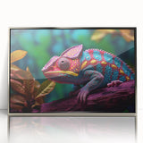 Framed acrylic wall art featuring a vibrant chameleon design in silver, showcasing detailed colors and patterns, perfect for reptile enthusiasts or modern decor.