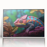 Framed wall art featuring a vibrant chameleon design on acrylic, showcasing intricate colors against a sleek white frame, perfect for reptile enthusiasts' decor.