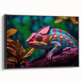 Framed wall art showcasing a vibrant chameleon design on black canvas, highlighting vivid colors and intricate details, perfect for reptile enthusiasts and home decor.