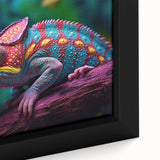 Close-up of a vibrant chameleon wall art design on framed canvas, showcasing intricate details and bold colors, perfect for reptile enthusiasts' decor.