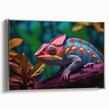 Framed canvas wall art featuring a vibrant chameleon design in shades of green and blue, set in a sleek silver frame, ideal for reptile enthusiasts and modern decor.