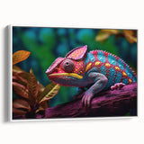 Framed wall art featuring a vibrant chameleon design on canvas, showcasing vivid colors and intricate details, perfect for reptile enthusiasts and home decor.