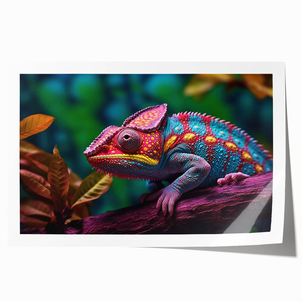 Vibrant rolled print of a chameleon design wall art, showcasing intricate colors and patterns on textured canvas, ideal for reptile-themed decor.