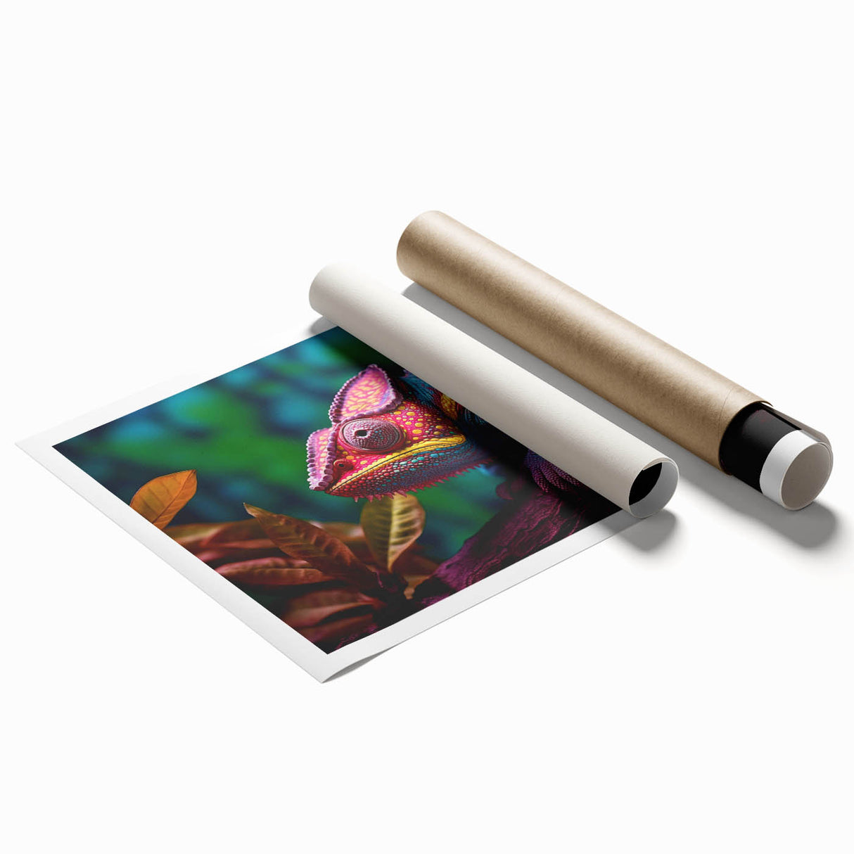 Vibrant chameleon wall art print showcasing intricate reptile designs in rich colors, rolled for convenient shipping, perfect for home decor enthusiasts.