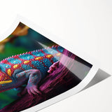 Vibrant chameleon wall art print featuring intricate designs and vivid colors, rolled and ready for framing, showcasing a unique reptile-themed decor piece.