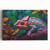 Colorful chameleon wall art on stretched canvas, showcasing intricate details and vibrant hues, perfect for reptile enthusiasts and modern decor.