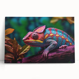 Vibrant chameleon wall art on stretched canvas, showcasing intricate details and rich colors, perfect for enhancing modern home decor and reptile-themed spaces.