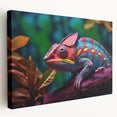 Vibrant chameleon wall art design printed on stretched canvas, showcasing rich colors and intricate details, perfect for reptile enthusiasts and modern decor.