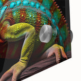 Close-up of a vibrant chameleon wall art piece, showcasing intricate details and colors on acrylic glass, perfect for reptile enthusiasts and modern decor.