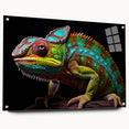 Vibrant chameleon wall art design displayed on acrylic glass, showcasing a side view with colorful details and pin mounts for easy hanging, ideal for reptile enthusiasts.