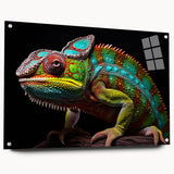 Vibrant chameleon wall art design displayed on acrylic glass, showcasing a side view with colorful details and pin mounts for easy hanging, ideal for reptile enthusiasts.