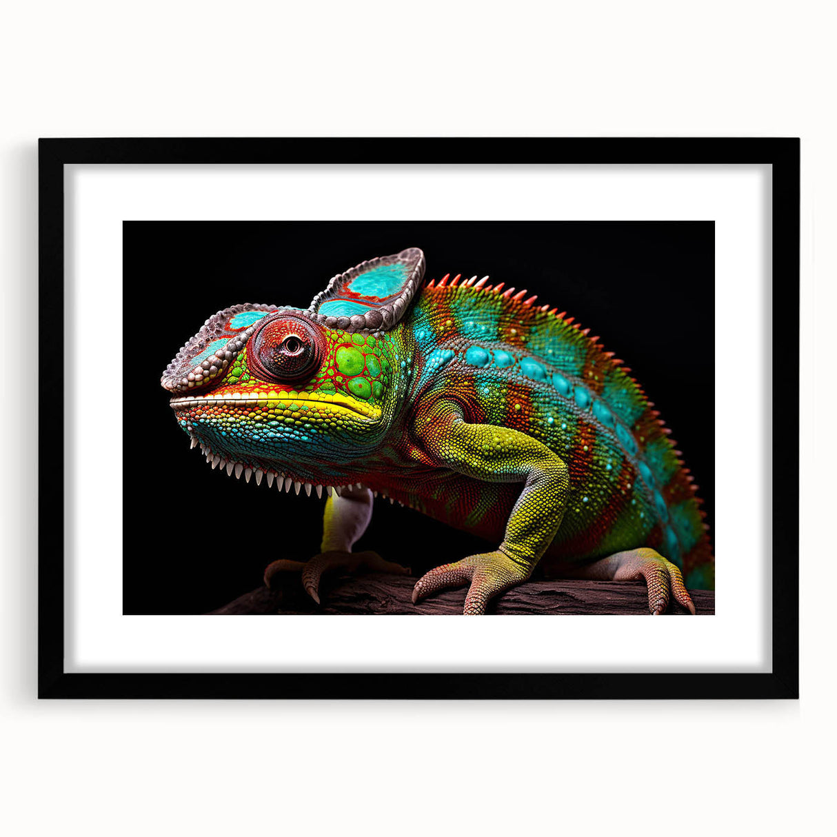 Chameleon-themed wall art in a sleek black frame, showcasing vibrant colors and intricate details, perfect for reptile enthusiasts and home decor.