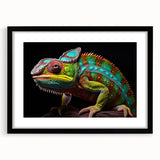 Chameleon-themed wall art in a sleek black frame, showcasing vibrant colors and intricate details, perfect for reptile enthusiasts and home decor.