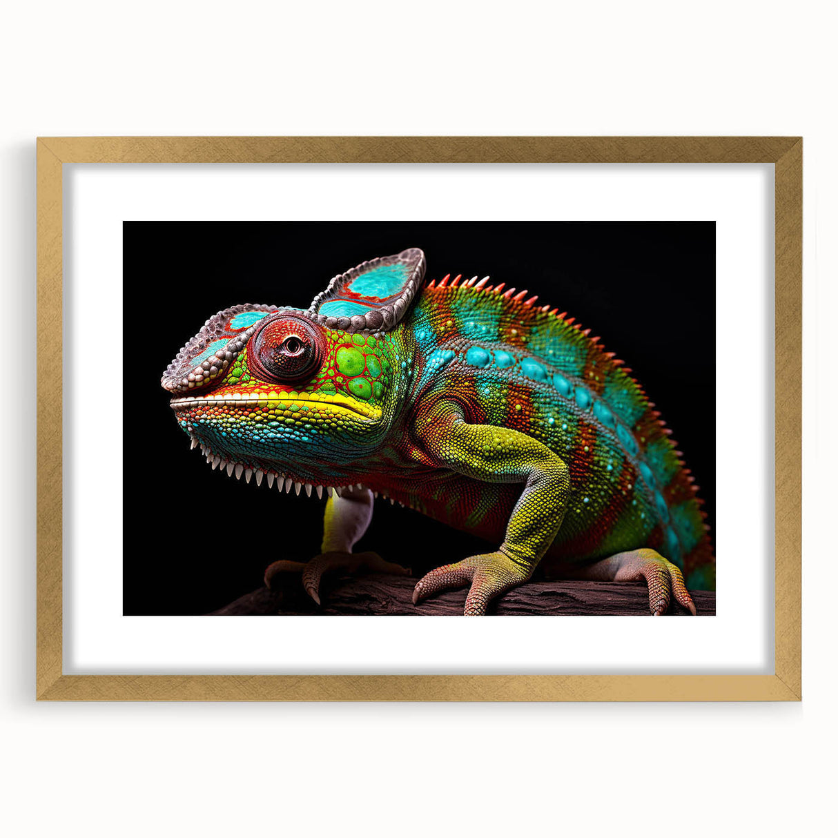 Charming wall art featuring a vibrant chameleon design, elegantly framed in gold with a mat. Perfect for adding a splash of color to any room decor.