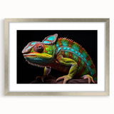 Framed wall art featuring a vibrant chameleon design with a silver mat, showcasing intricate colors and textures, perfect for reptile enthusiasts and home decor.