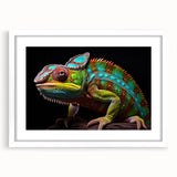Charming chameleon wall art design showcased in a sleek white frame with a mat, perfect for enhancing modern decor in homes or offices. Ideal for reptile enthusiasts.