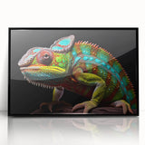 Framed wall art featuring a vibrant chameleon design in bold colors, showcasing intricate details and textures, perfect for adding a unique touch to any decor.