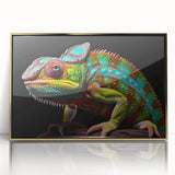 Framed wall art showcasing a vibrant chameleon design with gold accents, perfect for reptile enthusiasts, displayed in a modern, stylish setting.