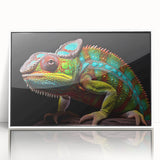 Framed wall art showcasing a vibrant chameleon design in a modern acrylic frame, featuring striking colors and intricate details, perfect for reptile enthusiasts.