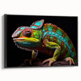Framed chameleon wall art displayed in a sleek black frame, showcasing vibrant colors and intricate details, perfect for reptile enthusiasts and modern decor.