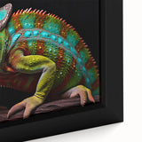 Close-up of a framed chameleon wall art canvas, showcasing vibrant colors and intricate details of the reptile's skin texture, perfect for nature enthusiasts.