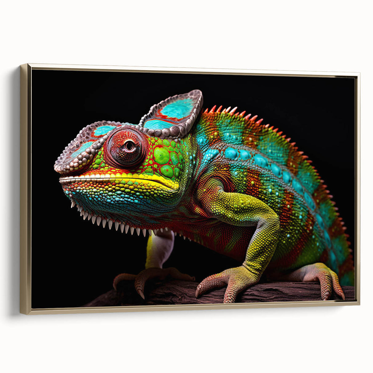 Framed wall art showcasing a vibrant chameleon design in a gold frame, ideal for reptile enthusiasts, enhancing any room's decor with a colorful touch.