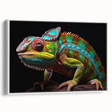 Framed wall art featuring a vibrant chameleon design on canvas, showcasing bright green and blue colors, ideal for reptile lovers and modern decor.