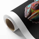 Vibrant chameleon-themed wall art printed on rolled canvas, showcasing intricate details and vivid colors, perfect for reptile enthusiasts and home decor.