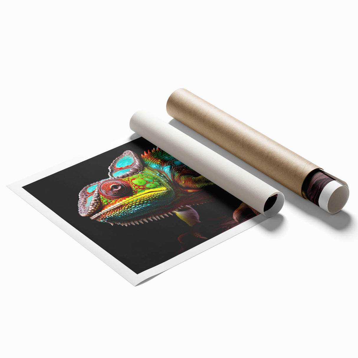 Vibrant chameleon design wall art print showcasing vivid colors and intricate details, rolled and ready for framing, perfect for reptile enthusiasts.
