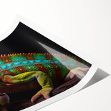 Vibrant chameleon-themed wall art print, showcasing intricate designs and vivid colors on high-quality rolled canvas, perfect for reptile enthusiasts and home decor.