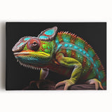Vibrant chameleon design on stretched canvas wall art, showcasing intricate colors and details, perfect for adding a unique touch to any room decor.