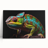 Colorful chameleon wall art design on stretched canvas, showcasing vibrant hues of green, blue, and orange, perfect for reptile lovers' home decor.