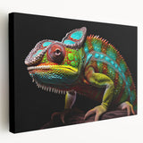Stretched canvas wall art showcasing a vibrant chameleon design, featuring vivid colors and intricate details, ideal for enhancing reptile-themed decor.