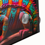 Close-up of a vibrant chameleon wall art design on acrylic glass, showcasing intricate colors and details, perfect for reptile enthusiasts and modern decor.