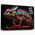 Vibrant chameleon wall art design displayed on acrylic glass, showcasing a side view with intricate details and colorful patterns, ideal for reptile enthusiasts.