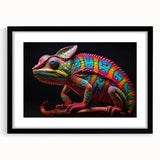 Framed wall art showcasing a vibrant chameleon design, featuring a sleek black frame and white mat, perfect for enhancing any modern decor.