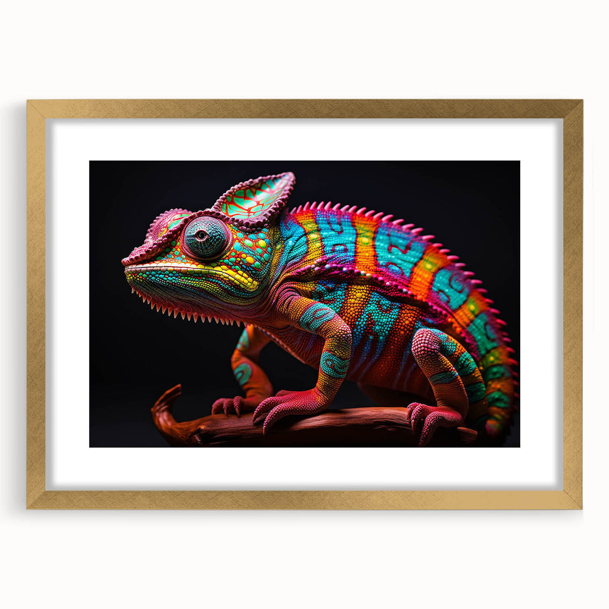 Charming wall art featuring a vibrant chameleon design in gold frame, showcasing intricate details and a modern aesthetic, perfect for reptile lovers and nature enthusiasts.